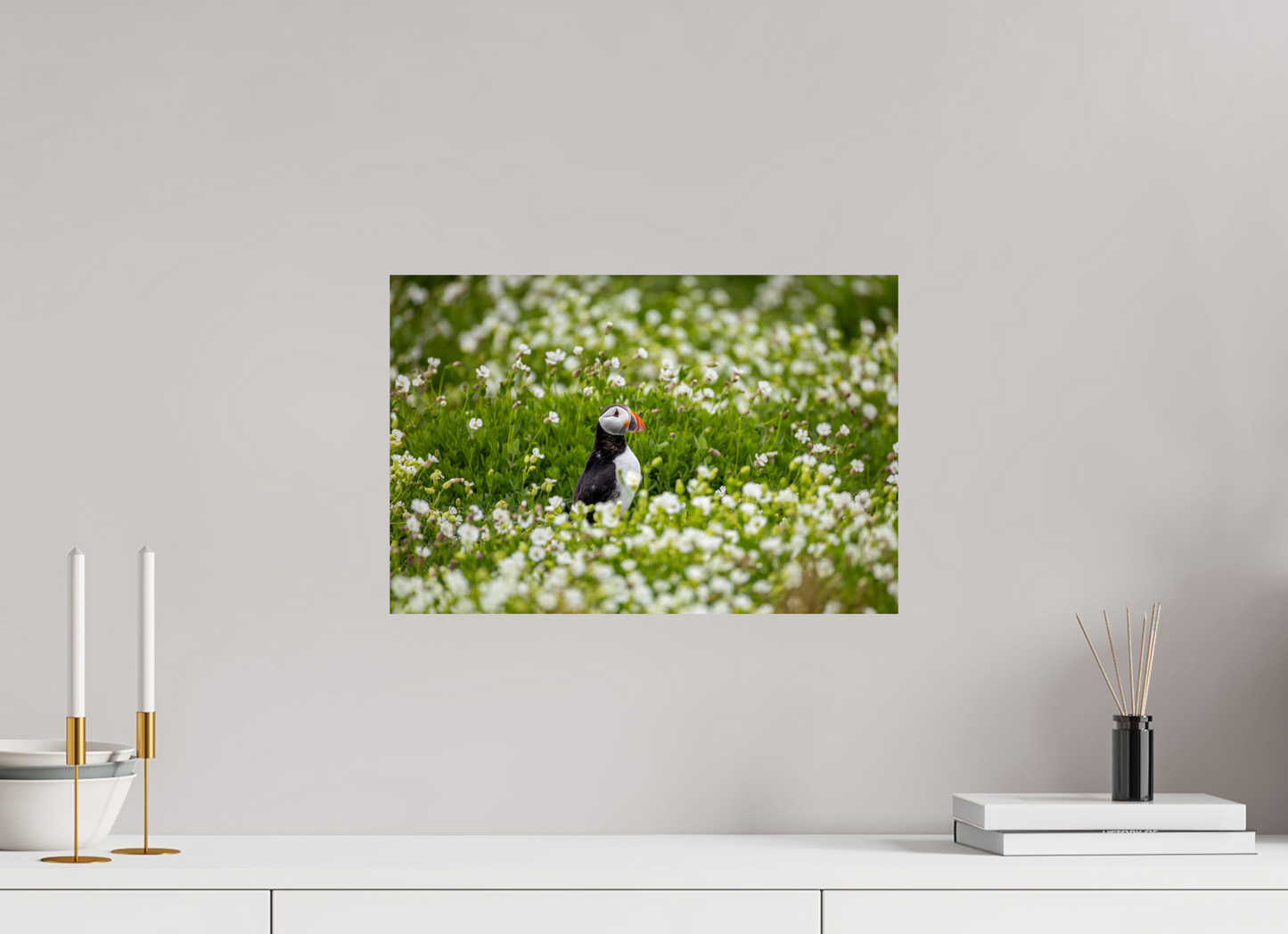 45 x 30 cm, Smooth Glossy Puffin in Flowers