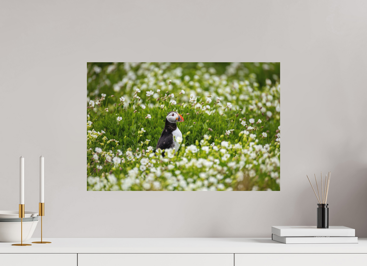 60 x 40 cm, Textured Matte Puffin in Flowers