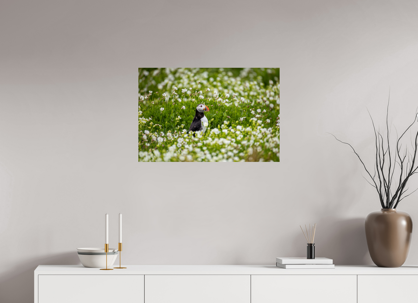 75 x 50 cm, Smooth Glossy Puffin in Flowers