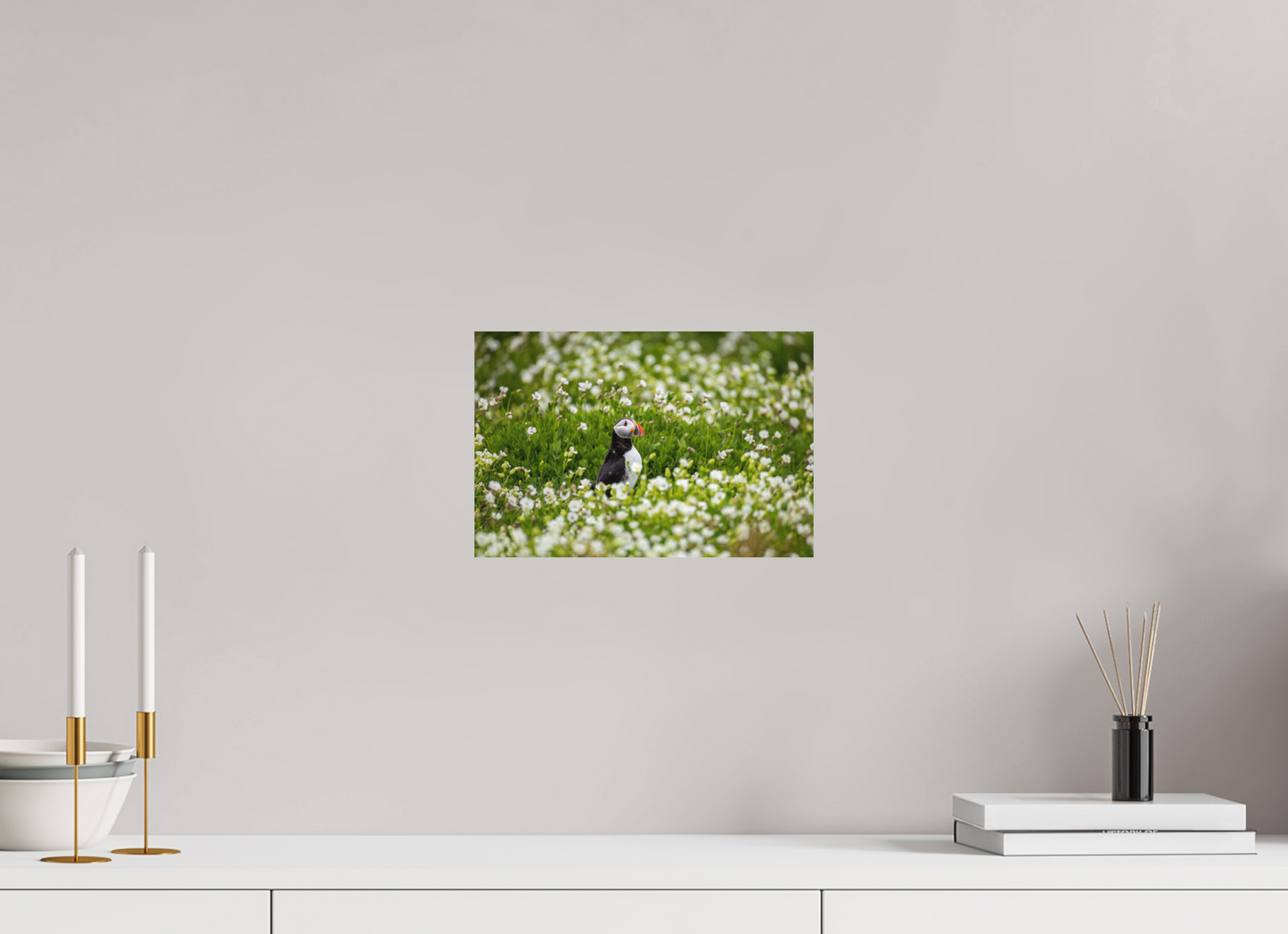 30 x 20 cm, Textured Matte Puffin in Flowers