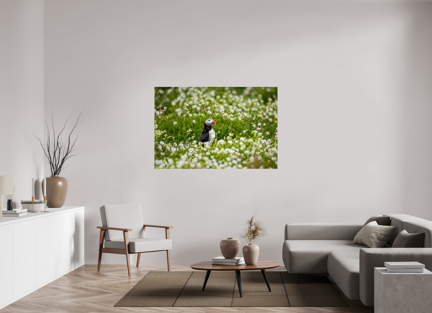 150 x 100 cm, Smooth Glossy Puffin in Flowers