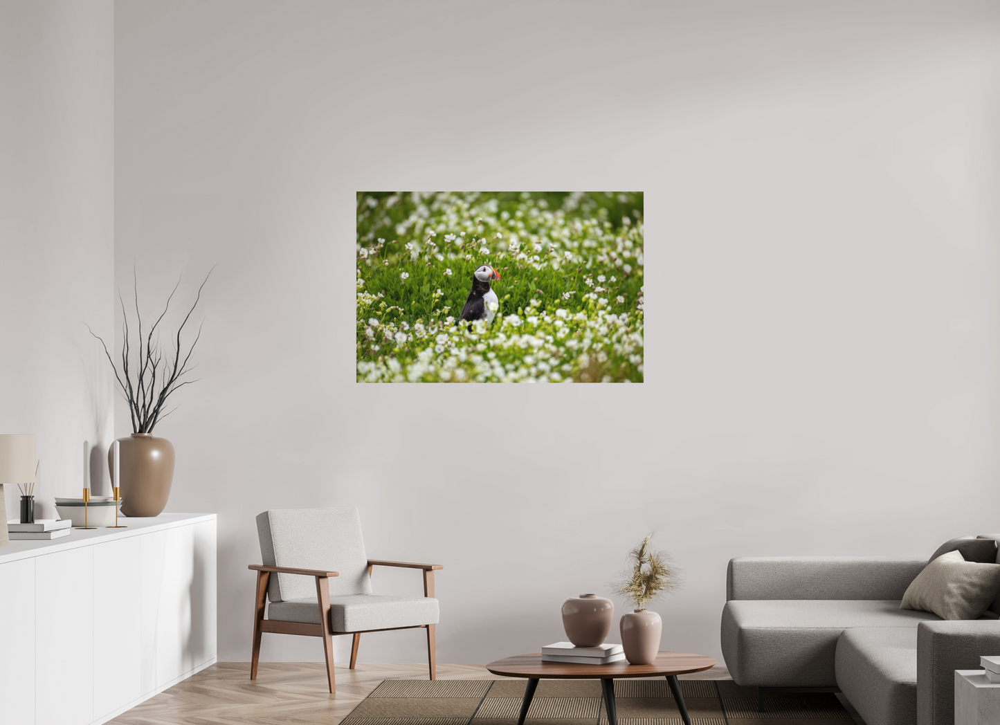 120 x 80 cm, Textured Matte Puffin in Flowers