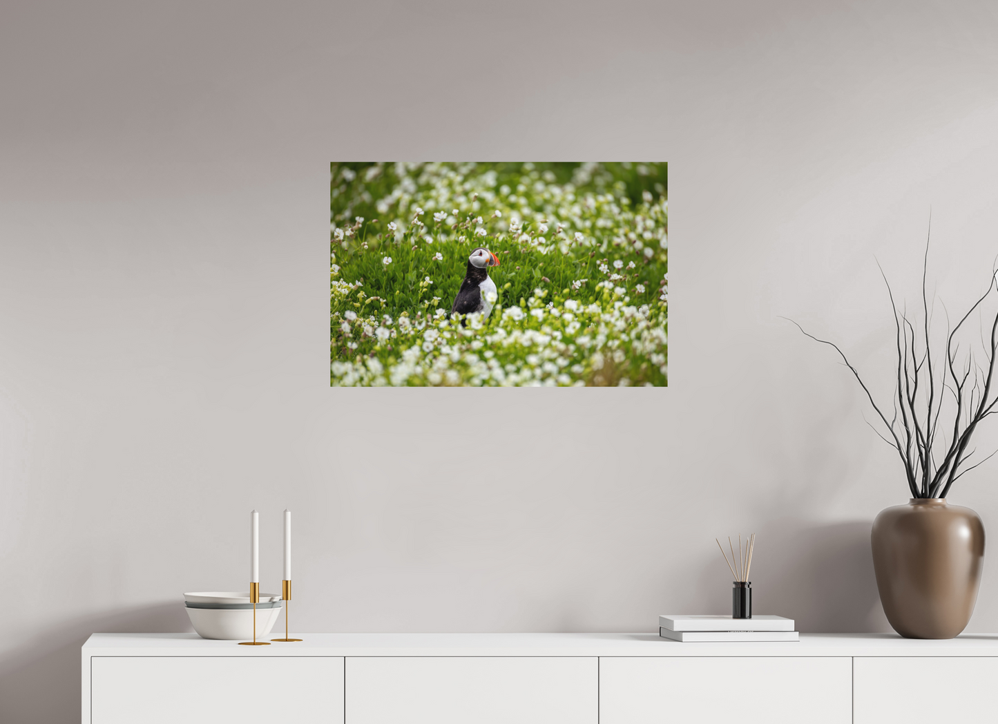 75 x 50 cm, Textured Matte Puffin in Flowers