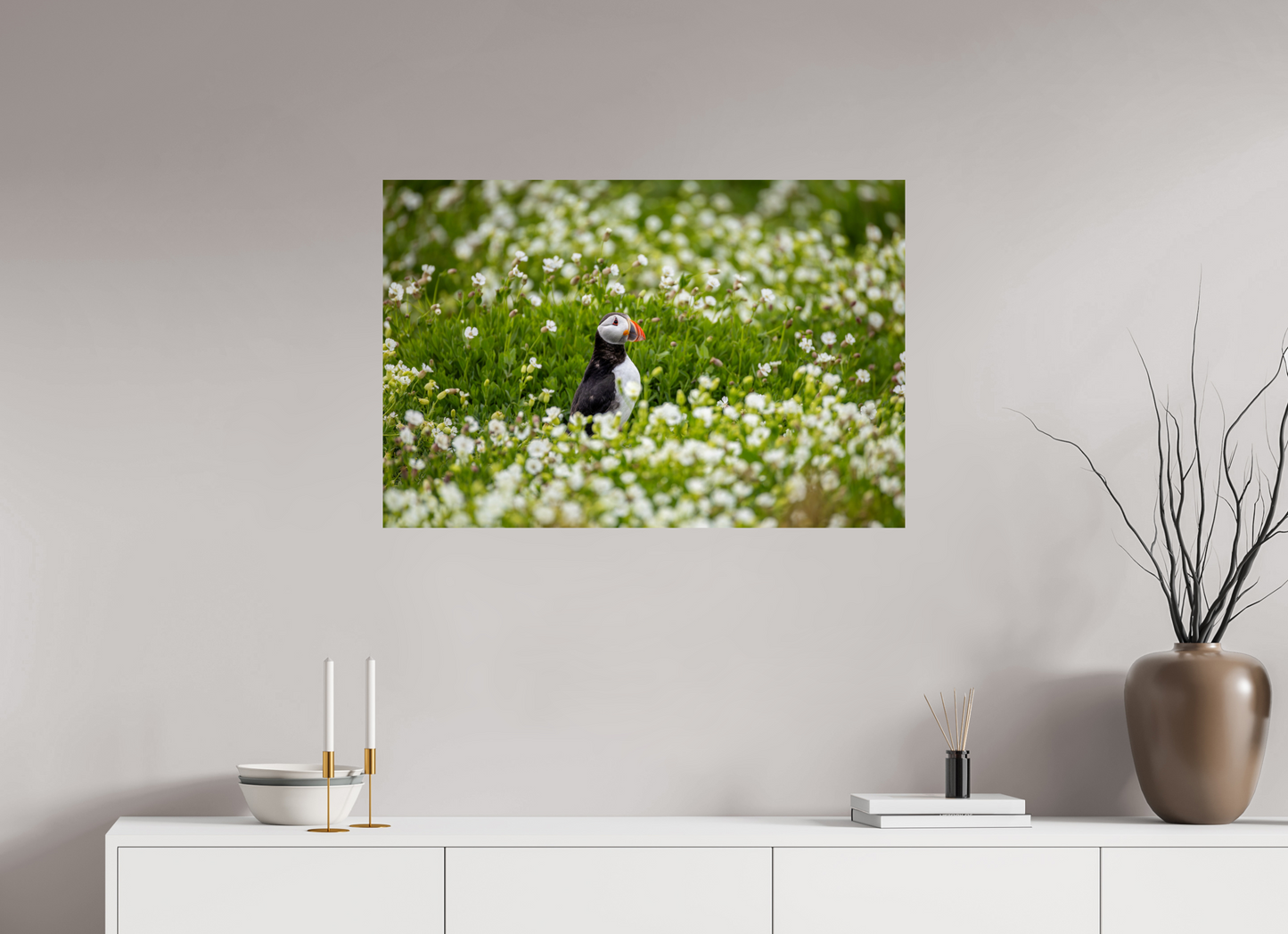 90 x 60 cm, Smooth Glossy Puffin in Flowers