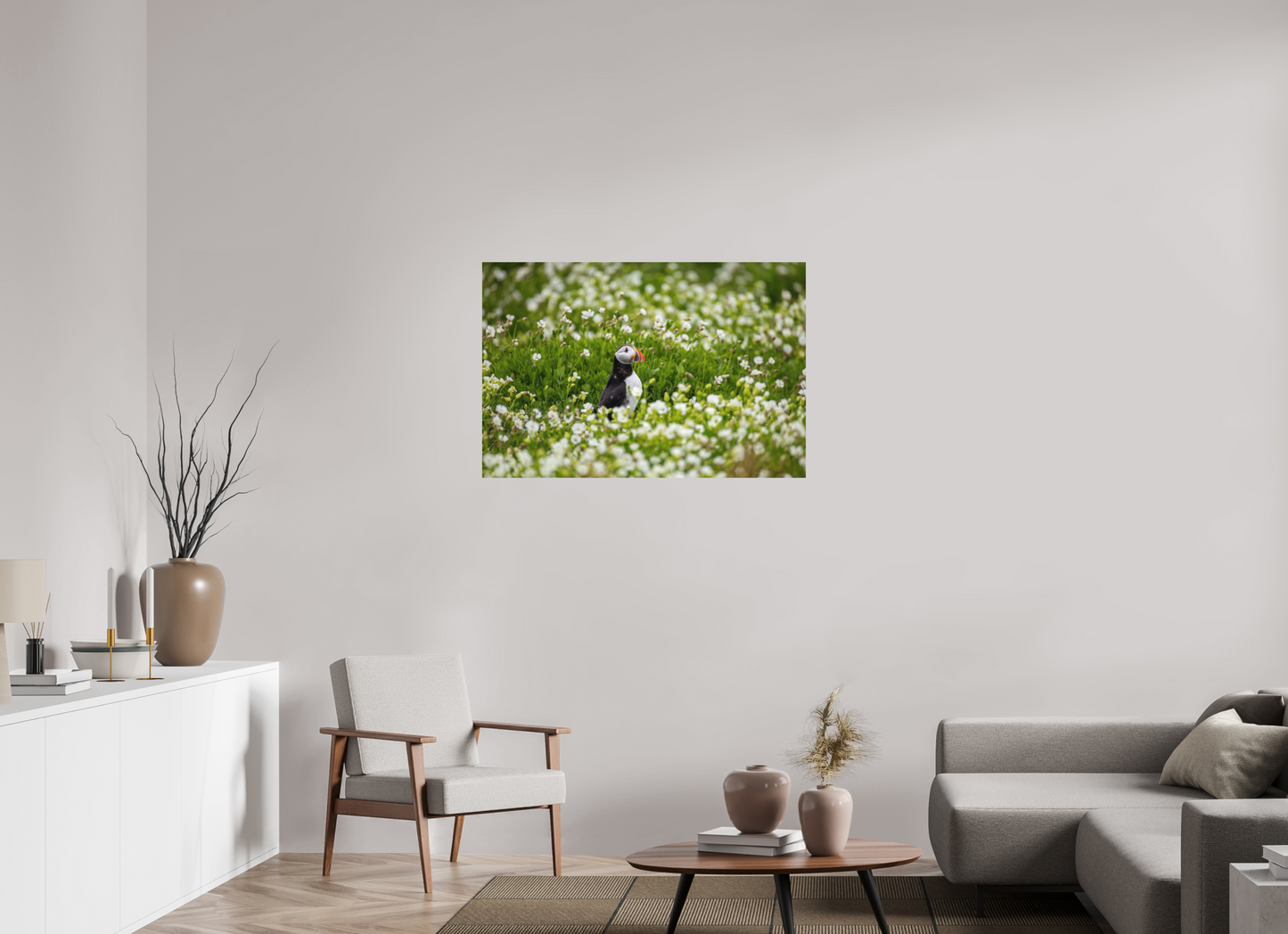105 x 70 cm, Textured Matte Puffin in Flowers